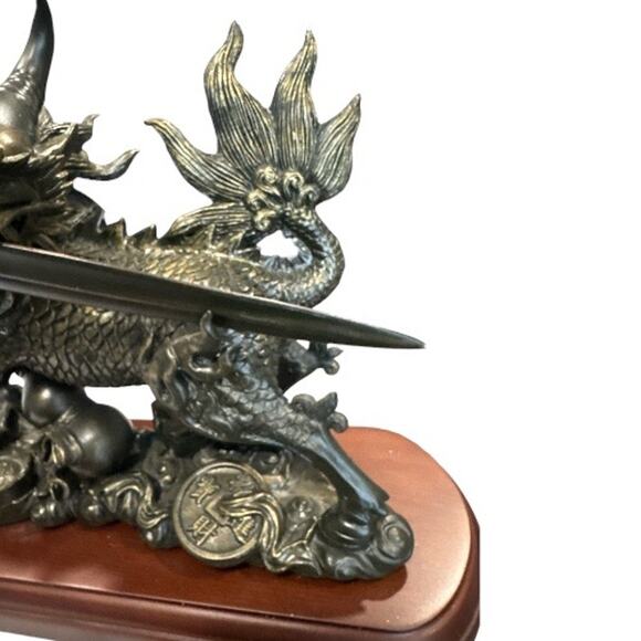 Polyresin Pixiu Dragon with Sword on Wood Stand in Box - Picture 3 of 10